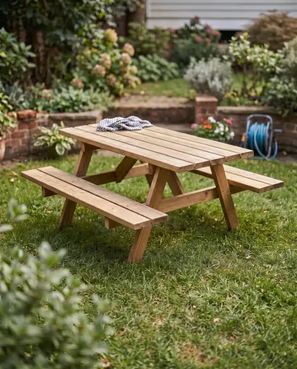 A finished classic picnic table