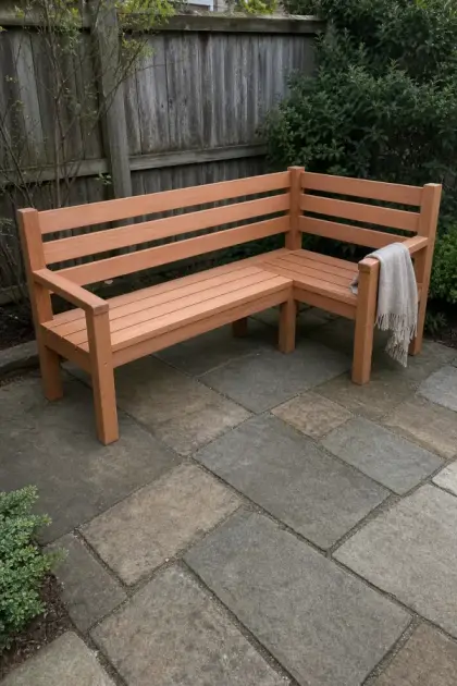 A finished outdoor corner bench
