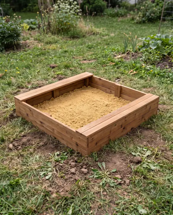 A finished sandbox with seats