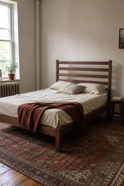 A finished queen platform bed